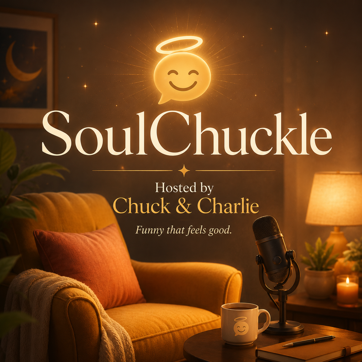 SoulChuckle podcast cover with warm studio, microphone, and Chuck & Charlie text